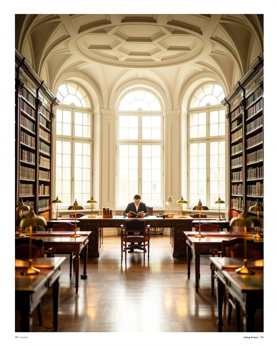 Person reading quietly in an elegant European library reading room