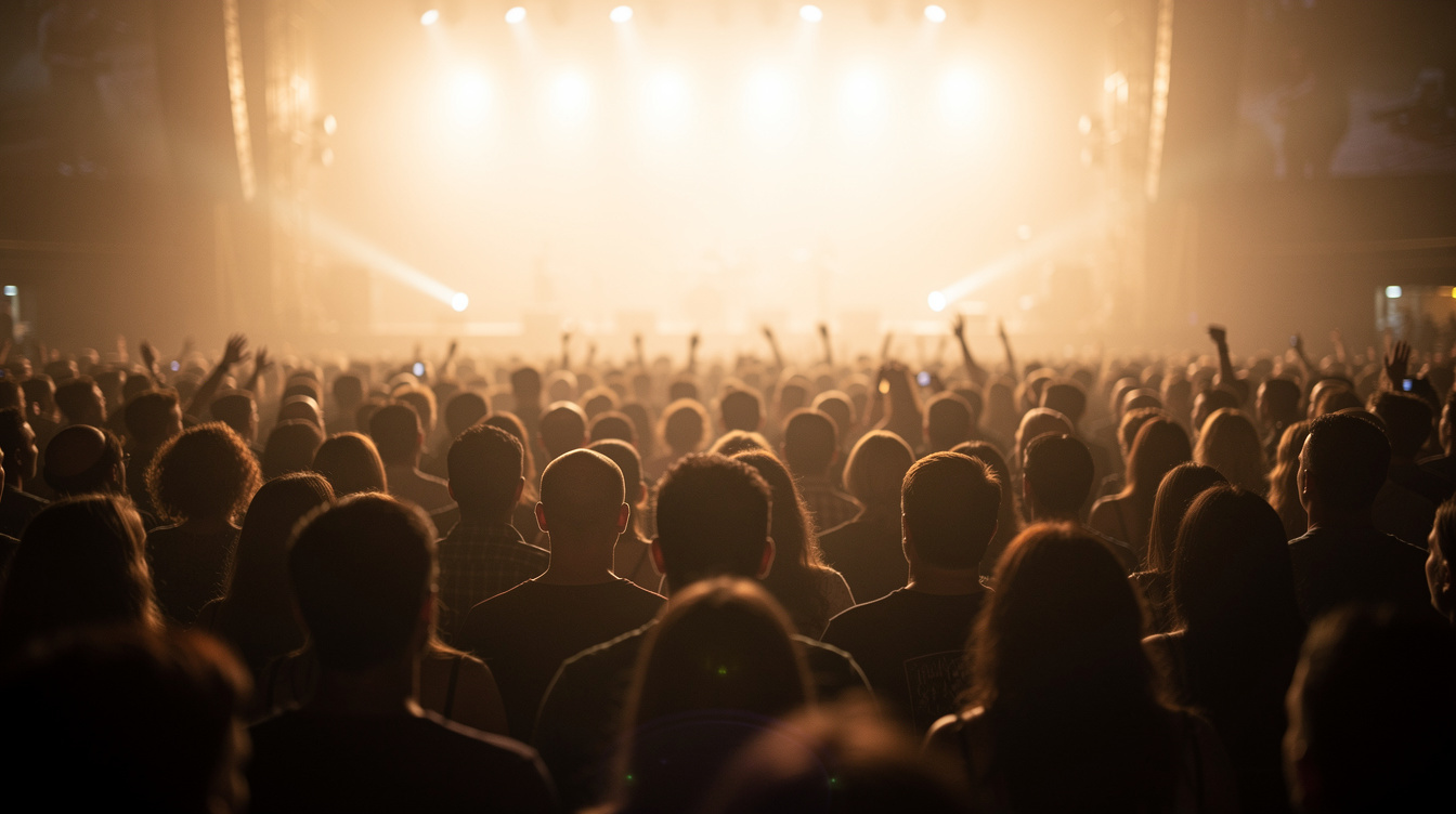 Silhouettes of an audience crowd watching a stage from a distance